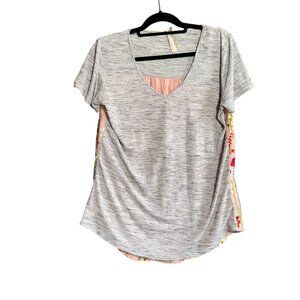 Aratta Silent Journey Embroidered Floral V Neck T-Shirt Top Large Gray Pink
